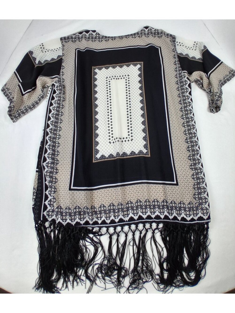 Sweet Rain Boho Kimono Cardigan W/ Long Fringe Trim Geometric Print Womens Size - Picture 4 of 11